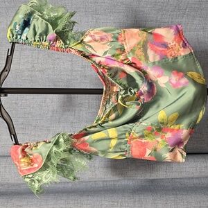 Evolutionary Teal Floral Off-Shoulder Lace Detail Crop Top Smocked Back Size XL